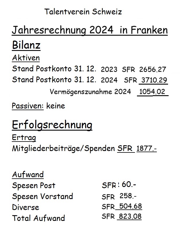 Jahresrechnung Verein Talent Schweiz 2024